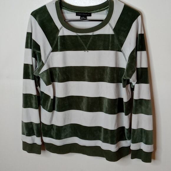 Santuary Women's Emerald Green/White Velour Stripe Crewneck Medium Sweatshirt. - Picture 1 of 7